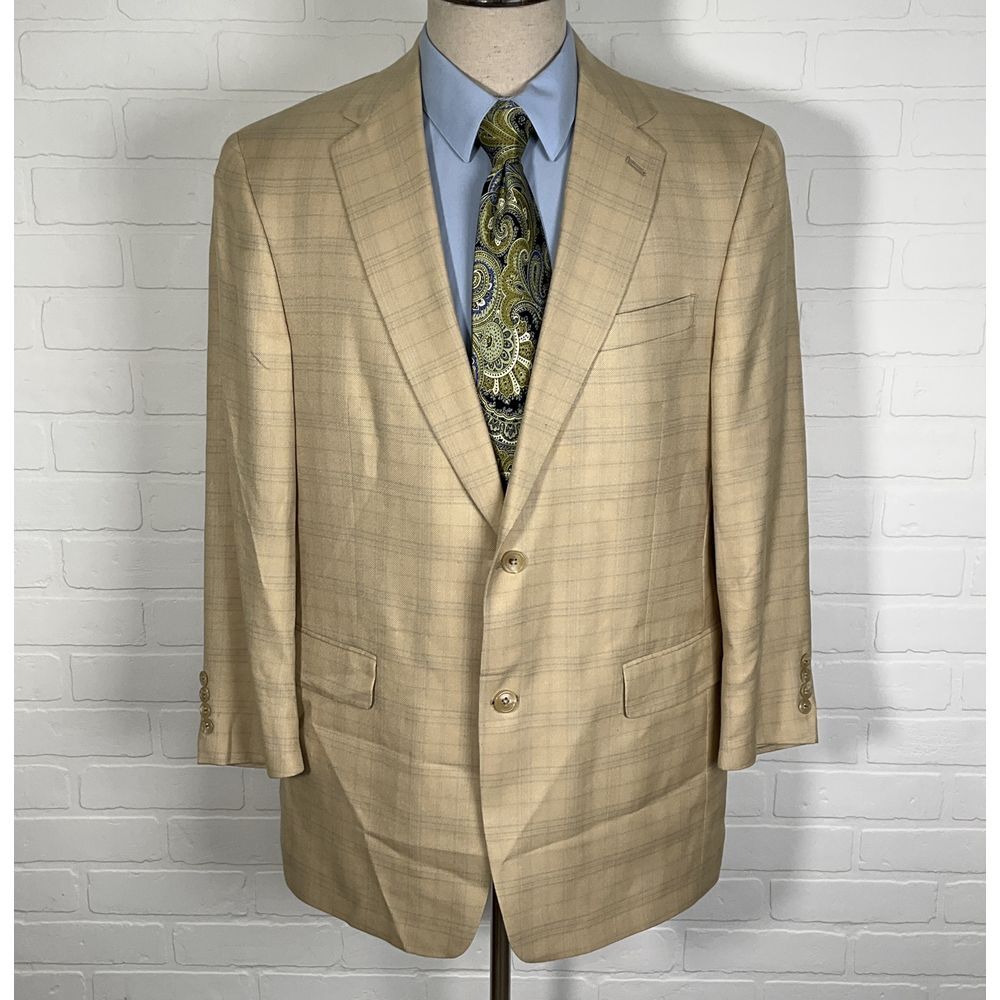Hart Schaffner‎ Marx Blazer 42R Tan Gray Windowpane Plaid Classic Fit Union USA